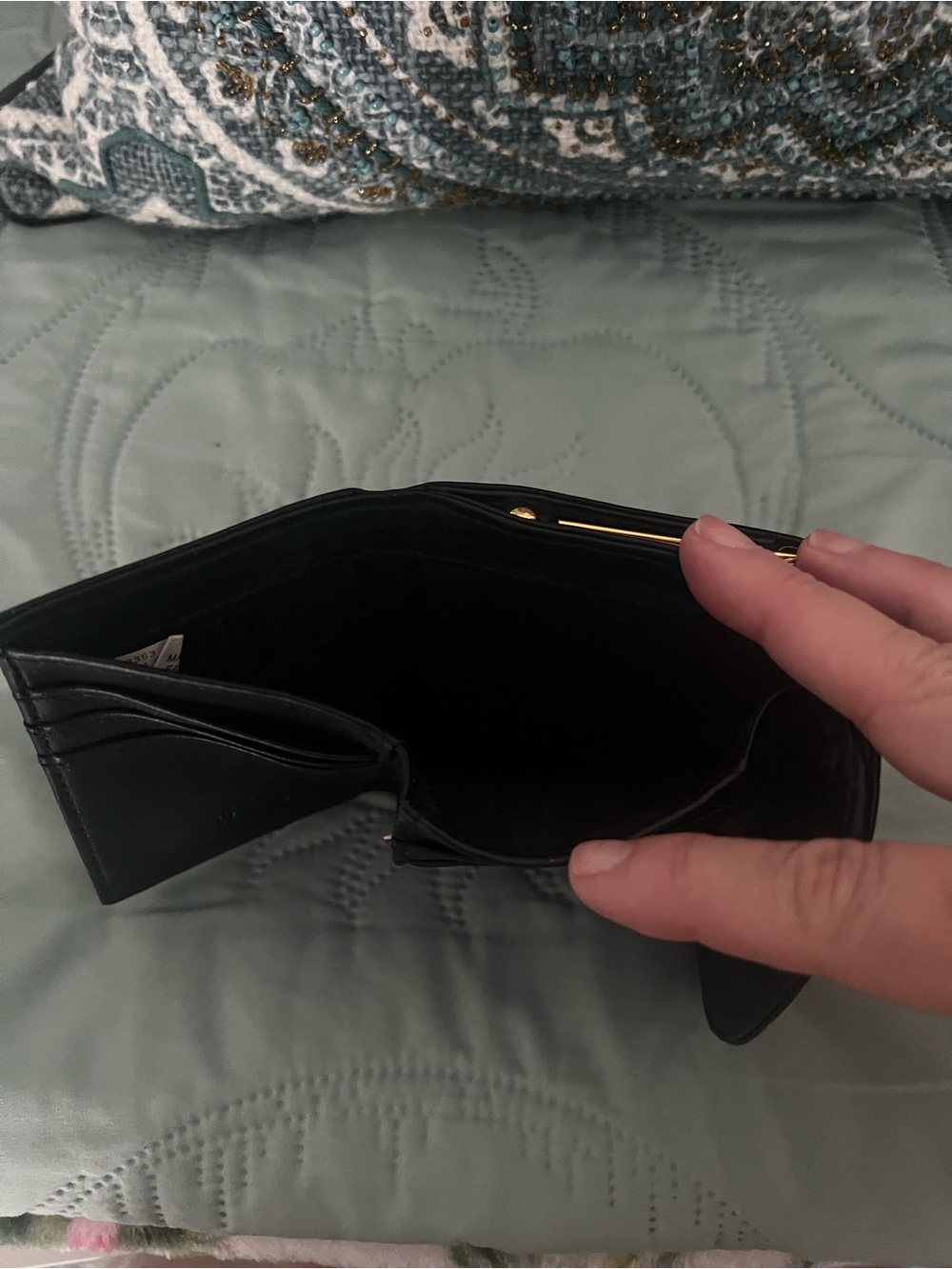 Etienne Aigner Black Leather Coin & Card Holder with Gold Accents - Picture 3 of 4